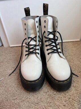 Dr. Martens White Leather Platform Lace-Up Boots with Black Soles